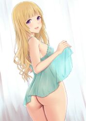 1girls big_ass blonde_hair curtains lifting_clothing long_hair looking_at_viewer looking_back medium_breasts n.g. negligee nipple_bulge original original_character purple_eyes see-through_clothing smiling_at_viewer thick_thighs wide_hips