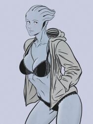 1girls alien_girl alien_humanoid asari big_breasts blue_skin bra breasts confidential_drifter hoodie liara_t'soni lingerie looking_at_viewer mass_effect panties