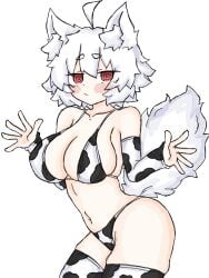 blush breast_focus breasts cat_ears cow_print cow_print_bikini embarrassed fumomono6500 large_breasts momiji_inubashiri panties presenting red_eyes spiral_eyes tail thick_thighs thighhighs touhou white_hair