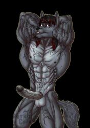 abs anthro balls biceps big_penis black_glans bodybuilder boner cum cumming furry hands_behind_neck horny male mike_lycaon_(moonlightstrider) moonlightstrider muscles muscular naked pecs penis pre_cum precum quads retrocharo triceps wolf wrestler