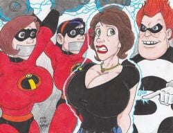 1boy 3girls aunt_cass big_breasts big_hero_6 black_hair bodysuit bondage bound bound_arms bound_hands breasts breasts_bigger_than_head brown_hair crash2014 disney elastigirl female frozen_in_place helen_parr huge_breasts large_breasts male male_villain marvel marvel_comics mask milf mother_and_daughter multiple_girls orange_hair pixar restrained restrained_arms restraints syndrome tagme tape_gag the_incredibles ugly_man violet_parr