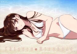 ass_visible_through_thighs bare_arms bare_belly bare_legs bare_shoulders bare_thighs beach belly_button big_breasts bikini blush body_blush breasts brown_eyes brown_hair cleavage collarbone hirayama_kanna kanojo_okarishimasu long_hair lying mizuhara_chizuru ocean official_art on_side outdoors parted_lips seaside thighs underboob water white_bikini