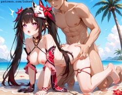 1boy 1girl ai_generated beach bikini black_hair blush breasts excited feet female fox_mask girl gloves honkai:_star_rail horny horny_female hoyoverse luka45 mihoyo navel necklace nipples open_mouth palm_tree patreon patreon_reward patreon_url patreon_username penis pink_eyes pussy pussy_juice sand sex sex_from_behind sparkle_(honkai:_star_rail) thighs toes trembling twintails wet wet_body