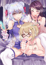 1boy 2girls animare armwear balls body_writing censored censored_penis clothing cum eyebrows_visible_through_hair femboy femboy_on_female femboydom femsub glasses gundou_mirei inaba_haneru_(animare) inuyama_tamaki legwear maledom nail_polish nanashi_inc. nijisanji noripro penis phone questionable_consent straight topwear virtual_youtuber