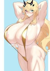 1girls 2025 abs areola_peek areolae_peeking arms_behind_head barghest_(gawain)_(fate) blonde_hair blush blush blush_lines breasts_bigger_than_head fate/grand_order fate_(series) female female_only gold_slingshot_swimsuit green_eyes heterochromia huge_breasts light-skinned_female light_skin light_skinned_female long_hair muscular muscular_arms muscular_female muscular_legs muscular_thighs navel red_eye slingshot_swimsuit solo solo_female thick_thighs tucv5345 voluptuous voluptuous_female