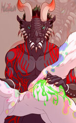 2021 after_sex anthro ass bent_over black_body black_hair bodily_fluids claws coldersy colored_cum cum cum_drip cum_on_butt cum_on_leg digital_media_(artwork) dominant dragon dripping duo fangs felid feline female fur genital_fluids green_cum green_hair grin hair hand_on_butt hi_res horn interspecies leopardus lidded_eyes lockness looking_at_viewer male male/female mammal markings multicolored_body multicolored_fur multicolored_hair nude ocelot pecs red_hair shaded sharp_teeth short_hair smile storm_albright teeth unusual_bodily_fluids unusual_cum unusual_genital_fluids white_body white_fur