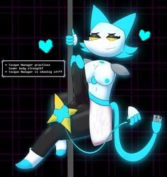 1futa :3 absurd_res armor balls black_background blue_ears blue_fingers blue_hair blue_nipples boots breasts clothed clothing curvaceous curvy_figure deltarune dialogue dialogue_box drop_shadow eftiinsfw electrical_plug english english_text felid feline felis floating_hands floating_head footwear futa_only futanari genitals glowing glowing_body glowing_genitalia glowing_nipples glowing_penis gynomorph hair half-closed_eyes heart hi_res holding_object holding_weapon humanoid humanoid_genitalia humanoid_penis intersex looking_at_viewer machine mammal narrowed_eyes navel nipples partially_clothed penis pixelated_heart pole pole_dancing robot shoulder_pads simple_background smile smirk solo spikes stripper_pole tasque_manager_(deltarune) text topless topless_futanari undertale_(series) vein veiny_penis video_games voluptuous weapon whip white_armor white_body white_boots white_clothing white_footwear white_loincloth yellow_eyes