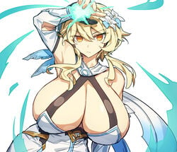 1girls big_breasts breasts busty curvy female female_only genshin_impact gigantic_breasts huge_breasts large_breasts lumine_(genshin_impact) massive_breasts melon22 short_hair solo yellow_hair