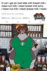 anthro apron apron_only areola areola_slip balls_outline beverage big_breasts big_bulge bovid breasts bulge caprine chubby_anthro chubby_gynomorph clothing coffee detailed_bulge digital_media_(artwork) english_text fluffy fully_sheathed futanari genital_outline green_apron gynomorph hi_res horn i_mean_breast_milk iced_latte_with_breast_milk iced_latte_with_dick_milk intersex mammal mature_gynomorph mature_intersex meme mostly_nude mouflon sheath sheath_outline sheep slightly_chubby text tyne_(yaudizz) wide_hips wild_sheep yaudizz