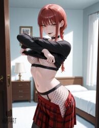 ai_generated artist_name bed bedroom black_choker black_collar black_pantyhose black_shirt blurry braid braided_ponytail breasts chainsaw_man choker clothes_lift collar curtains earrings female fishnet_pantyhose fishnet_top fishnets high-waist_pantyhose indoors jewelry lamp large_breasts lifted_by_self long_hair long_sleeves looking_at_viewer makima_(chainsaw_man) medium_breasts midriff miniskirt navel open_mouth open_skirt orange_eyes pantyhose picture_frame piercing plaid plaid_skirt pleated_skirt red_hair red_skirt ringed_eyes shirt shirt_lift sidelocks skirt smile solo stomach underboob undressing wumpart yellow_eyes