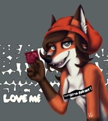 2021 anthro beanie breasts brown_hair canid canine censor_bar censored clothing condom female fox hair hat headgear headwear mammal nude profanity sexual_barrier_device small_breasts solo text vulgar wolverfox wolverfox_(artist)