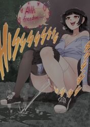 1girls ass biku black_hair bra_strap breasts cleavage english_text female open_mouth orange_eyes original original_character panty_pull pee_puddle pee_squat_outdoors peeing puddle pussy short_hair sneakers sweat thighhighs two_tone_thigh_highs urine_meter white_panties