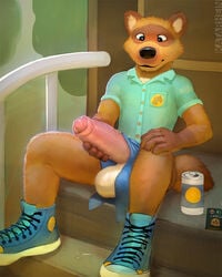 1boy 4:5 animal_crossing anthro balls big_balls big_penis bodily_fluids canid canine clothing footwear foreskin genital_fluids genitals hi_res holding_penis humanoid_genitalia humanoid_penis katarhein male male_only mammal nintendo outside partially_clothed penis phone precum raccoon_dog shirt shoes sitting smile sneakers solo t-shirt tanuki thick_penis tommy_nook topwear video_games