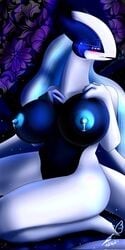 1:2 anthro bed big_breasts bludraconoid blue_body blue_eyes bodily_fluids breasts calypso_(bludraconoid) digital_media_(artwork) female furniture genital_fluids genitals hair hi_res huge_breasts lactating legendary_pokémon long_hair looking_at_viewer lugia nintendo nipples nude on_bed open_mouth pokemon pokemon_(species) solo tears video_games white_body wings