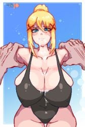 big_breasts blonde_hair blue_eyes bodily_fluids breasts cum cum_on_body cum_on_breasts cum_on_face darkness_(konosuba) kono_subarashii_sekai_ni_shukufuku_wo! light-skinned_female light_skin nipple_bulge pixel pixel_art simple_background steely_bird thick_thighs