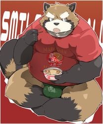 2021 anthro balls_outline black_nose bodily_fluids brown_body brown_fur bulge canid canine clothing food fur genital_outline green_clothing green_underwear hi_res humanoid_hands kemono kisukemk777 male male_only mammal maruchan overweight overweight_male raccoon_dog shirt simple_background sitting solo sweat tanuki text text_on_clothing text_on_shirt text_on_topwear topwear udon underwear