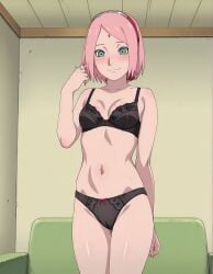 1girls ai_generated arm_support bare_legs bare_midriff bare_shoulders bare_thighs boruto:_naruto_next_generations bra breasts cleavage curvaceous curvy curvy_figure female female_only indoors light-skinned_female light_skin lingerie lingerie_bra lingerie_only lingerie_panties looking_at_viewer mature mature_female midriff milf narugirlshot naruto naruto:_the_last naruto_(series) naruto_shippuden pale-skinned_female pale_skin panties pelvic_curtain pelvic_line sagging_breasts sakura_haruno smile solo underwear underwear_only upper_body