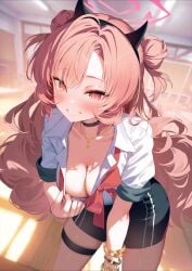 black_hairband black_horns black_skirt blue_archive blurry blurry_background blush bracelet breasts cleavage collared_shirt commentary_request double_bun fake_horns female fingernails gold_bracelet grin hair_bun hairband halo highres horns indoors jewelry kirara_(blue_archive) long_hair looking_at_viewer loose_neck_ribbon medium_breasts mintice_(asatsukimint) nail_polish neck_ribbon necklace pencil_skirt pink_eyes pink_hair pink_halo red_nails red_ribbon ribbon shirt skirt smile solo sweat thighs white_shirt