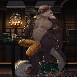 1:1 adios_(pixiv) anthro asian_mythology beard body_hair bulge casino chest_hair cigar clothing diphallia diphallism dragon east_asian_mythology eastern_dragon facial_hair gambling genitals hi_res humanoid_genitalia male male_only motse multi_genitalia multi_penis musclegut muscular mythology penis smoking solo thick_tail yellow_penis