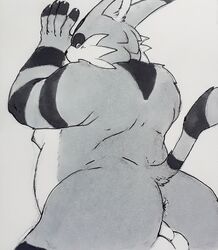 anthro anus ass ass_focus backsack belly big_the_cat domestic_cat eric_everyotherheart felid feline felis furry genitals highres looking_back male male_only mammal moobs nipples overweight perineum sega solo sonic_(series) sonic_the_hedgehog_(series) testicles traditional_media_(artwork)