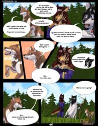 2021 ambiguous_sex anthro canid canine canis clothed clothing comic dialogue digital_media_(artwork) duo english_text feral fur group hi_res male mammal nomuralok page_16 penis rena rex_(nomuralok) snow_(matthewdragonblaze) speech_bubble text wolf