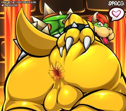 1boy absurd_res anthro anus ass backsack balls bara big_butt bowser bracelet claws genitals hand_on_butt hand_on_own_butt heart heart_reaction hi_res holding_butt horn indoors jewelry koopa lava looking_at_viewer looking_back low-angle_view male male_only mario_(series) nintendo perineum presenting presenting_hindquarters raised_tail rear_view red_eyes scalie shell solo spaca speech_bubble spiked_bracelet spikes spoken_heart spread_anus spread_butt spreading super_mario_bros. tail testicles text tongue tongue_out video_games worm's-eye_view yellow_body yellow_skin