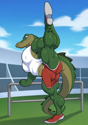 1boy alligator alligatorid analon_(artist) animalympics anthro bolt_jenkins bulge clothing crocodile crocodilian crocodylid erection genitals hi_res male male_only muscular one_leg_up penis raised_leg reptile scalie solo toomanyboners underwear