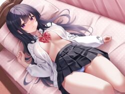 1girls absurdres bed bed_sheet black_hair black_skirt blue_panties breasts breasts_apart classic_(zildjian33) collared_shirt curtains hair_between_eyes highres indoors long_hair long_sleeves looking_at_viewer lying medium_breasts no_bra non-web_source on_back on_bed open_clothes open_shirt original panties pillow pleated_skirt polka_dot purple_eyes school_uniform shirt sidelocks skirt thighs underwear white_shirt