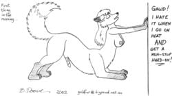 2002 animal_genitalia anthro artist_signature ass_up bernard_doove breasts canine closed_eyes dialogue dipstick_ears dipstick_tail english_text fox fox_taur furry futanari genitals gloves_(marking) intersex leg_markings mammal markings monochrome multicolored_ears multicolored_tail penis persistent_erection sheath socks_(marking) solo tail_markings taur text