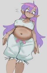 belly blue_eyes blush chubby dark-skinned_female fat female genie long_hair midriff_baring_shirt pajamas_pull pants pointy_ears purple_hair shantae shantae_(character) smooth_skin underboob wamudraws wayforward