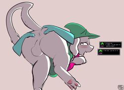 anthro anus ass balls blush bovid caprine clothing deltarune disembodied_hand dttart duo english_text fur genitals goat grab_the_butt hat headgear headwear hi_res kris_(deltarune) male male_only mammal nervous paws raised_tail ralsei robe scarf solo solo_focus spreading text undertale_(series) video_games white_body white_fur wizard_hat