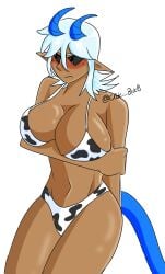 1girls big_breasts black_sclera blue_eyes blush blushing breasts butch butch_lesbian c0de_blue cow_print cow_print_bikini demon demon_girl demon_horns demon_tail embarrassed embarrassed_female eve_(c0de_blue) female female_only forcefem oc original_character pointy_ears solo solo_female source_request tagme tail tan_body tan_skin white_hair