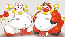 2020_tokyo_olympics 2021 anthro asian_clothing ball_separator balls belly big_belly black_nose bulge canid canine clothing duo east_asian_clothing fat fox fundoshi genitals hamatnk japanese_clothing kemono leaf male male_only mammal mascot moobs morbidly_obese morbidly_obese_anthro morbidly_obese_male navel nipples obese obese_anthro obese_male olympics overweight overweight_anthro overweight_male raccoon_dog red_body red_clothing red_fundoshi red_underwear tanuki underwear white_balls white_body