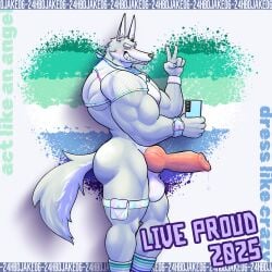 1:1 absurd_res anthro biceps bodily_fluids canid canine canis clothing cuff_(restraint) dripping ear_piercing ear_ring electronics footwear genital_fluids genitals harness hi_res hybrid jackal jake_vilandras kerchief knot knotted_penis male mammal muscular muscular_male penis phone piercing precum precum_drip restraints ring_piercing socks solo solo_focus suspenders text thebarabandit wolf wrist_cuffs