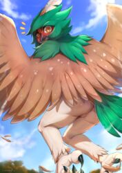 2021 absurd_res anthro ass avian beak bird_feet blush bodily_fluids cloud decidueye digital_media_(artwork) evomanaphy feathered_wings feathers female female_decidueye flying genitals hi_res looking_at_viewer looking_back looking_back_at_viewer loose_feather nintendo outside pokémon_(species) pokemon pussy signature sky solo spread_wings sweat sweatdrop tail_feathers talons video_games wings