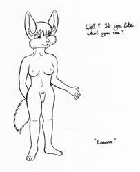 animal_genitalia anthro bernard_doove breasts canid canine chakona_space dialogue english_text fennec fox fully_sheathed fur genitals hair herm intersex leanna_fennec mammal monochrome navel nipples nude penis penis_tip plantigrade pussy sackless sheath solo text