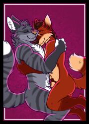 absurd_res animal_genitalia anthro canid canine cuddling domestic_cat duo embrace faxby felid feline felis fox genitals hi_res hug hybrid love male male/male mammal sheath stripes tabby_cat tanos totakeki zax