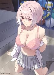 1girls absurdres armpit_crease artist_name ball bare_shoulders basketball_(object) beachball black_socks blush bra breasts cleavage collarbone commentary_request copyright_notice daigo_sakurako dress_shirt female glasses grey_skirt gym_storeroom highres huge_breasts kneeling kounai_sandai_bijo_no_himo_shitemasu light_particles long_sleeves multicolored_hair navel no_eyewear novel_illustration off_shoulder official_art on_floor open_clothes open_mouth open_shirt oryo_(oryo04) pink_hair pleated_skirt shirt short_hair skirt socks solo tile_floor tiles unbuttoned underwear vaulting_horse volleyball_(object) white_hair white_shirt