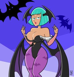 artist_request bat_print bat_wings clothing cosplay danny_phantom darkstalkers green_hair headwings large_breasts leotard madeline_fenton medium_breasts milf morrigan_aensland_(cosplay) nickelodeon pantyhose short_hair thick_thighs