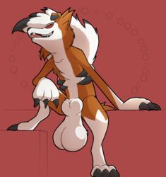 1boy animal_genitalia balls big_balls canid canine colrblnd feral fully_sheathed genitals grin hi_res huge_balls hyper hyper_balls hyper_genitalia lycanroc male male_only male_pokemon mammal midnight_lycanroc nintendo paws pokémon_(species) pokemon sheath smile solo spread_legs spreading teeth video_games