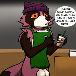 1:1 apron apron_only balls barista big_balls bulge canid canine clothing digital_media_(artwork) english_text genitals green_apron hat headgear headwear i_mean_breast_milk low_res male mammal meme mostly_nude raccoon_dog solo tanuki text tony_keys trashbadger