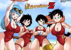 4girls baywatch_(cosplay) baywatch_(franchise) big_breasts black_hair blue_hair breasts cosplay dragon_ball dragon_ball_super dragon_ball_z female female_only female_saiyan franfuentesart2 gine huge_breasts large_breasts long_hair maron milf multiple_girls one-piece_swimsuit saiyan saiyan_tail scouter seripa short_hair swimsuit tail tinted_eyewear videl