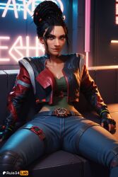 , 1girls ai_generated artist_name belt black_gloves black_hair blue_pants breasts brown_eyes cd_projekt_red choker cleavage collarbone cropped_jacket cyberpunk cyberpunk_2077 denim fingerless_gloves gloves hair_bun hair_ornament hi_res highleg_leotard jacket jeans knee_pads leather leotard leotard_under_clothes lips medium_breasts neon_lights nose official_alternate_costume open_clothes open_jacket panam_palmer pants red_jacket rule34lab single_hair_bun sitting smile solo spread_legs