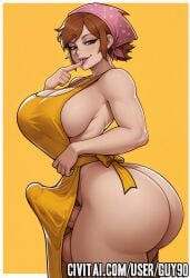 ai_generated apron ass bandana border brown_hair cooking_mama futanari guy90 huge_breasts licking licking_finger mama_(cooking_mama) mature_female milf nintendo sideboob thick_thighs tongue watermark yellow_apron yellow_background