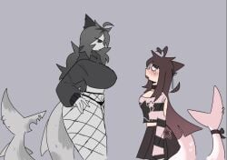 2girls anthro belly belly_button breasts cleavage clothed clothing expressionless female female_only fishnets leggings legs legwear scentedpocky tagme tail