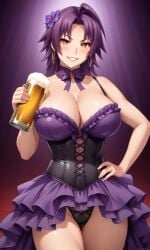 1girls ahoge ai_generated ass azuma_marina bare_shoulders big_ass big_breasts breasts burlesque cleavage corset earrings female hair_ornament holding_beer hoop_earrings huge_ass huge_breasts isogil kashidashi_tsuma_marina_no_"netorase"_houkoku_binkan_tsuma_to_zetsurin_daigakusei looking_at_viewer looking_back_at_viewer nipples panties purple_dress purple_hair sexy_pose shiny_skin short_hair thick_thighs thighs