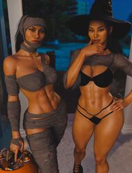 abs asian asian_female athletic athletic_female big_ass big_breasts entitledgoose halloween_costume kitana kitana_(new_era) mileena mileena_(new_era) mortal_kombat mortal_kombat_1_(2023) mummy_costume mummy_wrappings netherrealm_studios twins witch_hat