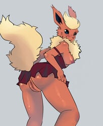 2021 anthro anthrofied areola ass black_nose blue_eyes blush bottomless breasts dress ear_tuft eeveelution elbow_tufts facial_tuft female fingers flareon fumonpaw fur furry genitals grey_background head_tuft highres looking_at_viewer looking_back looking_back_at_viewer multicolored_body multicolored_fur neck_tuft nintendo nipples no_underwear open_mouth orange_body orange_fur pokemon pokemon_(species) pokemorph pussy raised_tail rear_view red_clothing red_dress shoulder_tuft sideboob simple_background solo standing tuft yellow_body yellow_fur