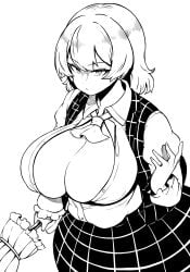 1girls big_breasts black_and_white breasts cleavage himajin_noizu huge_breasts inner_sideboob looking_at_viewer monochrome short_hair sideboob solo touhou yuka_kazami yuuka_kazami