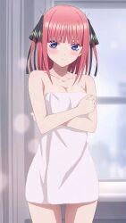 after_shower blush embarrassed flustered go-toubun_no_hanayome hair_ornament nakano_nino pink_hair purple_eyes towel towel_around_waist towel_only towel_over_breasts